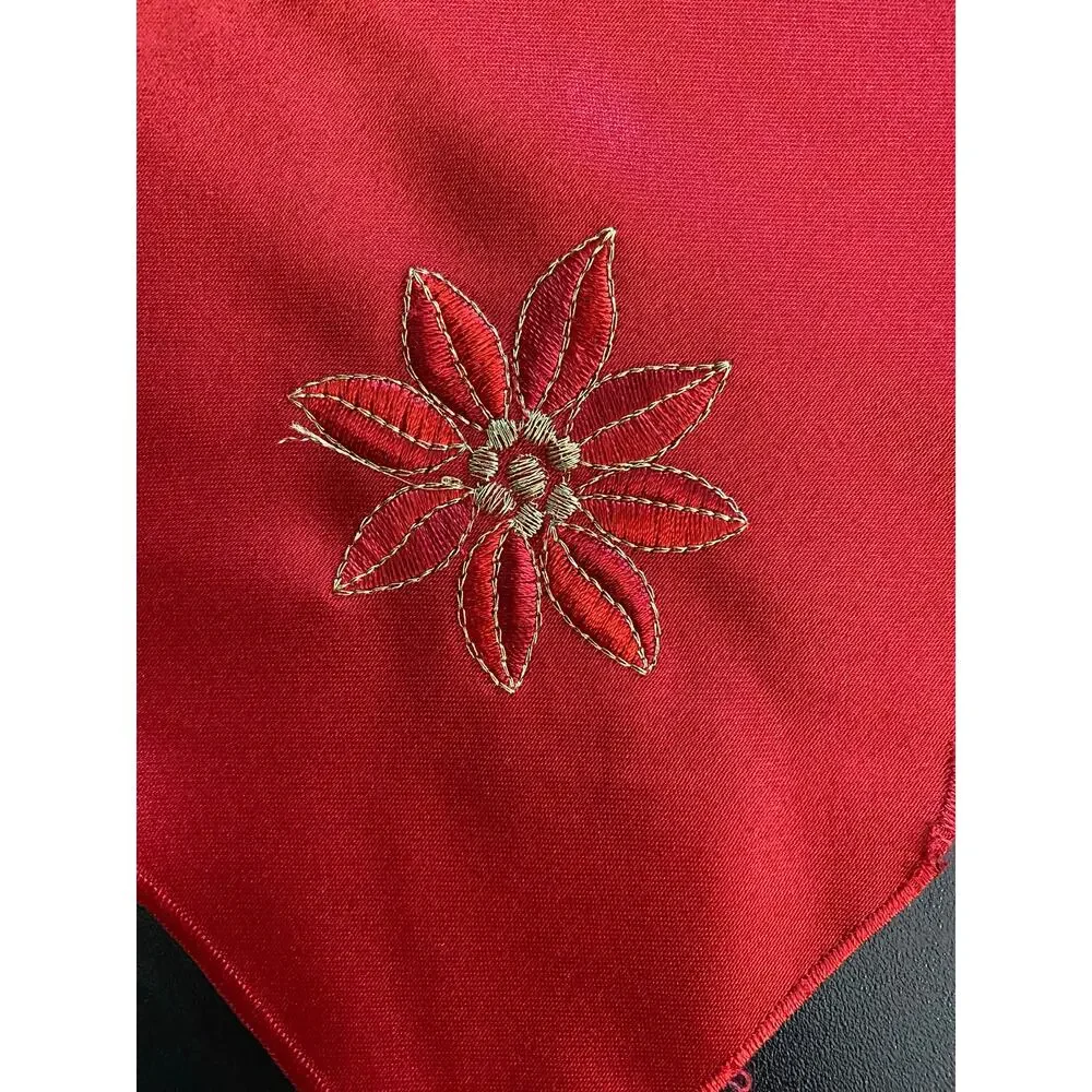 Set of 5 Red Embroidered Poinsettia Holiday Cloth Napkins Scalloped Edge Linens